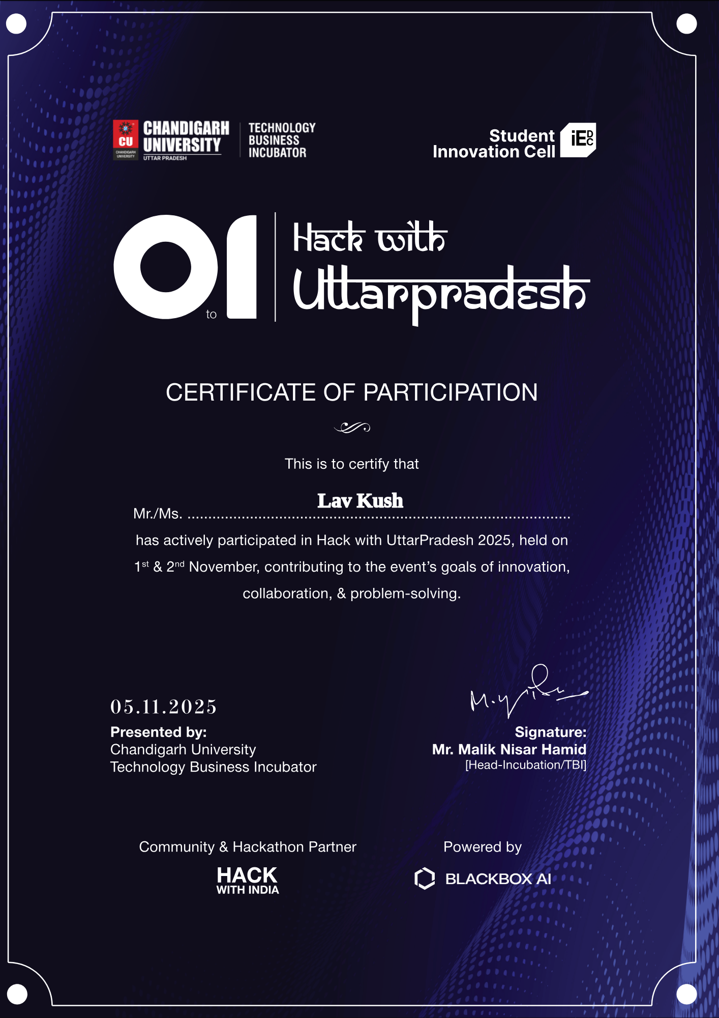 Hack with UttarPradesh 2025 Certificate