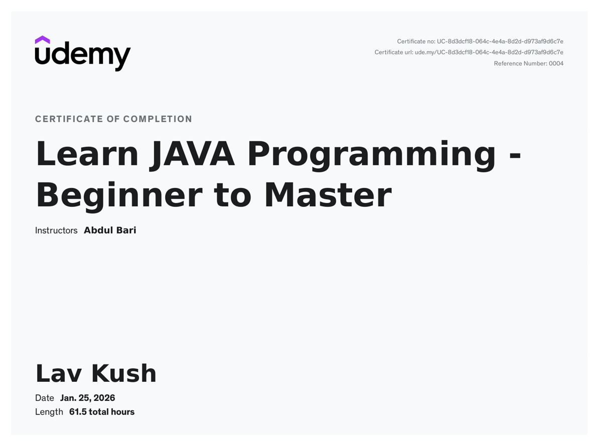 Java Completion Certificate