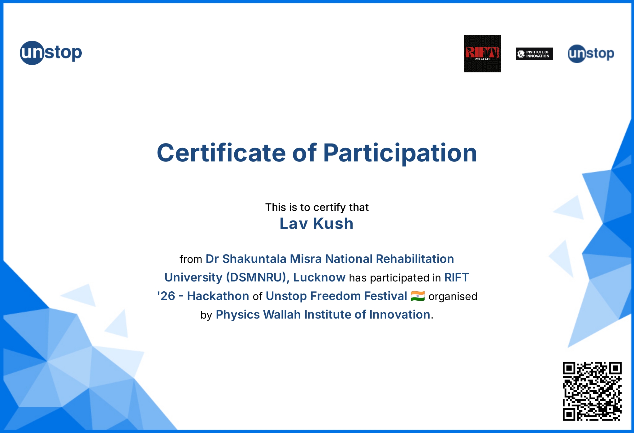 RIFT Hackathon Certificate